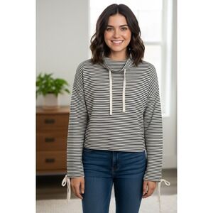 Miles By Madewell Sweatshirt Women XS White Black Striped Funnel Neck Tie Sleeve